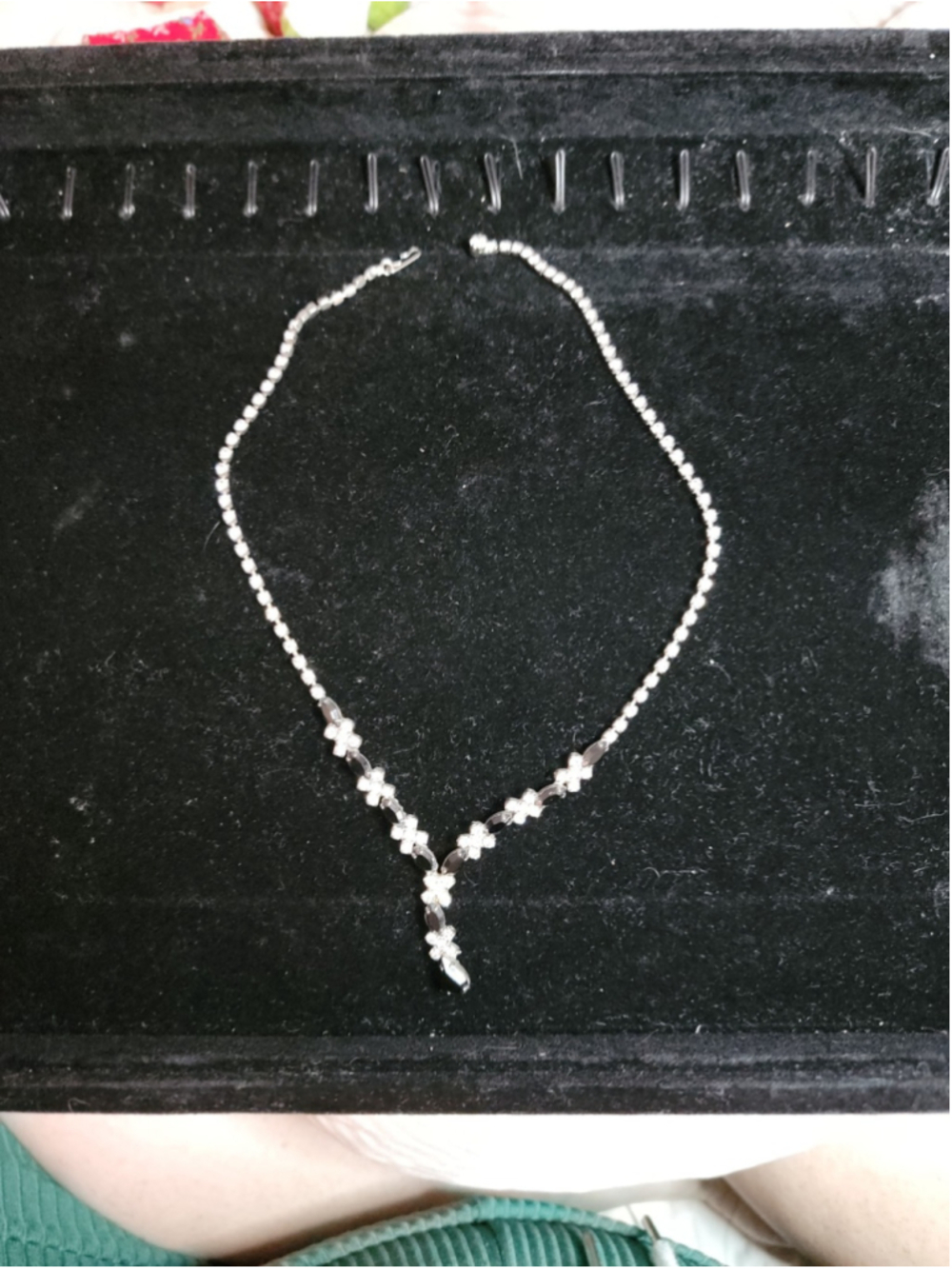 Vintage Rhinestone Necklace Bracelet Set Floral Silver Tone Y Drop Lariat Weddin